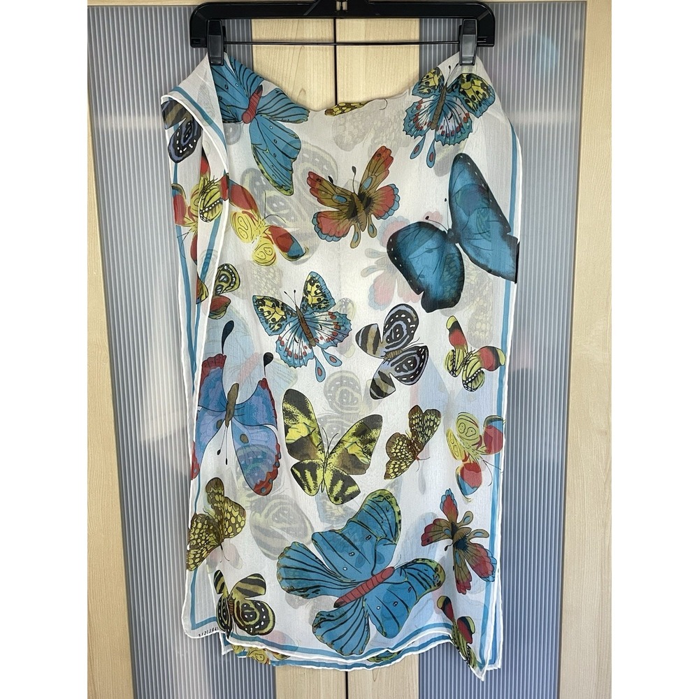 Carlisle Silk Scarf 20"x60" Mod Floral  Blue White Boho Butterflies Party Casual
